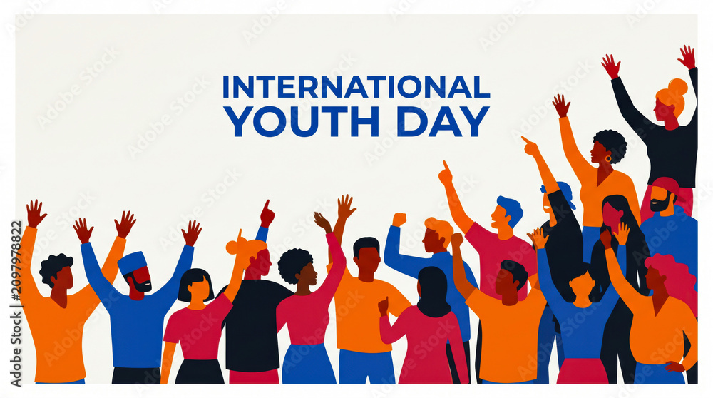Obraz premium Diverse group of people celebrating international youth day with raised hands