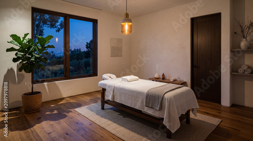 Relaxing massage room at dusk with cozy ambiance. Tranquil spa environment for wellness and relaxation. Professional massage therapy setting with w...