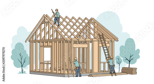 Construction workers building wooden frame house structure using ladders and tools vector illustration.