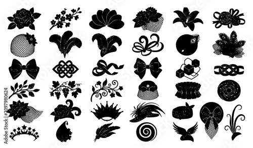 Foto Decorative Fascinator Hat Silhouette Vector Collection with Floral Feather and E