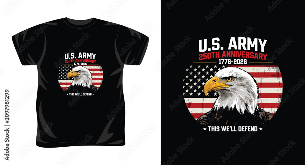 Obraz premium US Army 250th anniversary commemorative t-shirt design with bald eagle and american flag in circular badge.