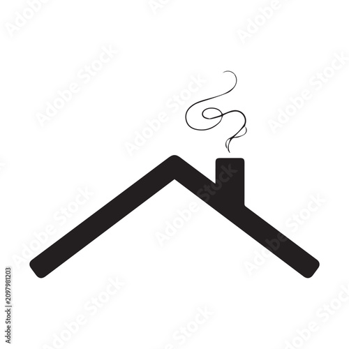  Black house roof vector icon with chimney and swirling smoke design.