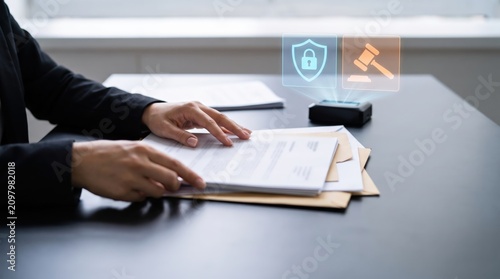 Legal Compliance Asset Protection and Document Management Holographic Icons, Business Security Workflow, Regulatory Enforcement, Risk Governance, Smart Office Desk Technology