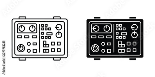 Electronic control panel set featuring knobs buttons and switches in outline and solid black device interface