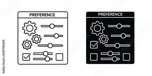 User preference settings panel set featuring gear wheels and slider controls in outline and solid black style
