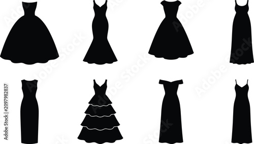 Bild auf Leinwand Collection of elegant dresses flat icons featuring black silhouettes of evening