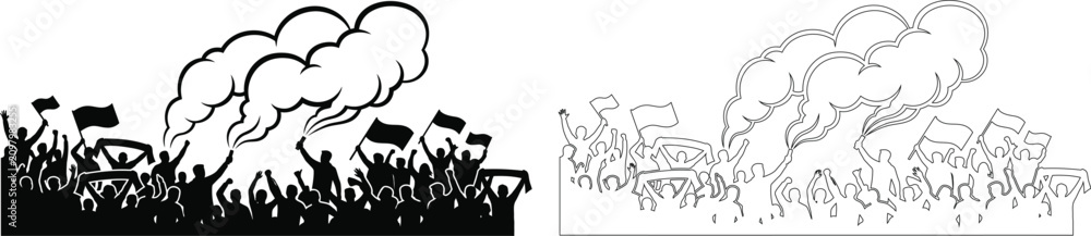 Fototapeta premium Protest crowd illustration with raised flags and smoke vector graphic for activism and social commentary