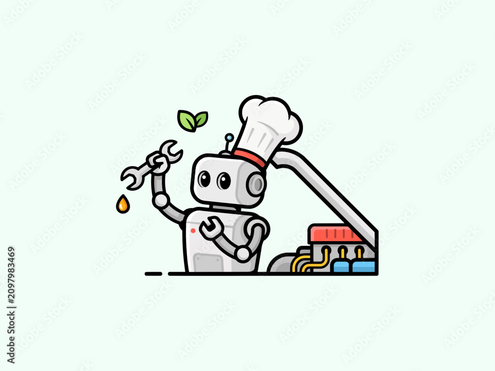 Obraz premium Cute Robot Wearing Chef Hat Holding Wrench Next to Industrial Engine Part