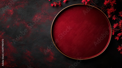 Luxury red and gold round tray mockup on dark textured background