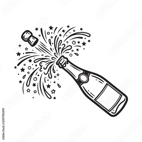 Popping champagne bottle vector illustration with flying cork and sparkling celebration spray.