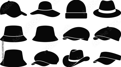 Bild auf Leinwand Collection of hat flat icons featuring black silhouettes of baseball caps fedora