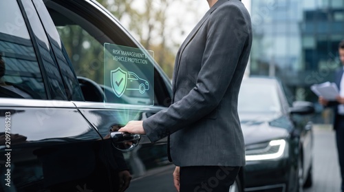 New Car Owner Using Holographic Vehicle Protection Interface, Risk Management Solutions, Auto Insurance Security Technology
