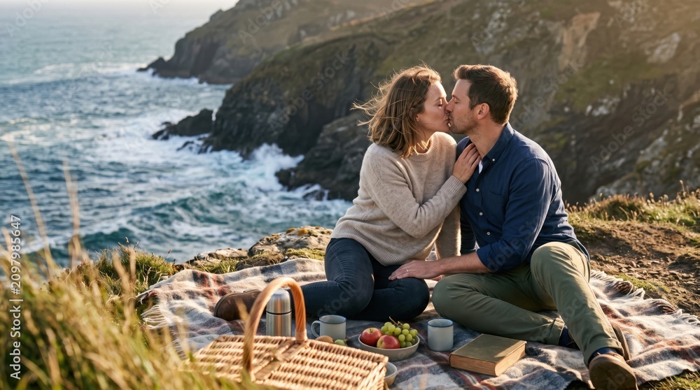 Fototapeta premium Couple kissing at coastal picnic