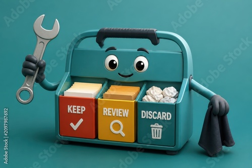 Cheerful toolbox organizer with keep review discard bins for productivity workflow concept