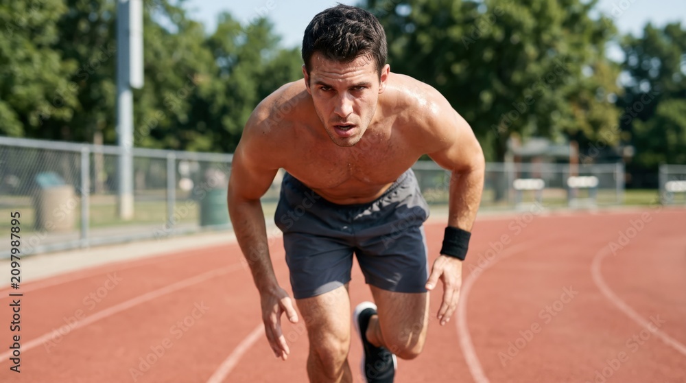 Fototapeta premium Male sprinter preparing on running track