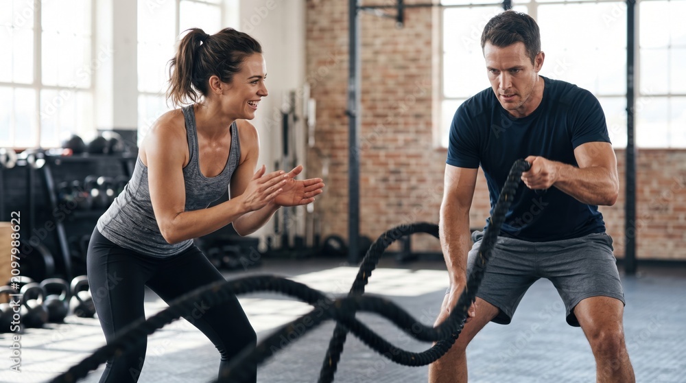 Obraz premium Trainer and athlete using battle ropes indoors