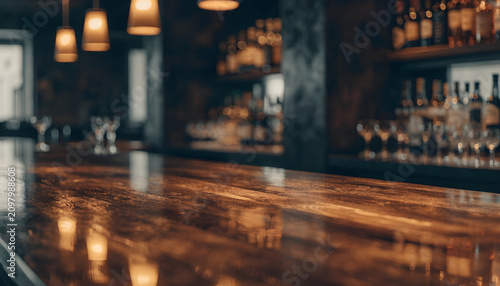 Empty wooden bar counter surface close up view. Hospitality pub background mockup. Long shiny polished dark tabletop reflecting ambient warm lights inside blurred night restaurant tavern.