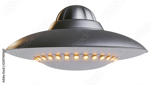 Φωτογραφία Brushed metal flying saucer with glowing lights, isolated on transparent backgro
