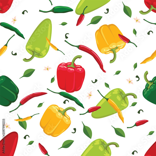 A vibrant seamless pattern with juicy bell and hot peppers of various colors on a white background. Hand-drawn vector illustration of delicious and healthy vegetables.