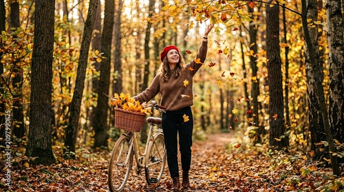 Joyful woman in red beret tosses autumn leaves while standing by bicycle in a forest path during golden hour with joyfully throws colorful bicycle laden foliage smiling woman brown next her bicycle