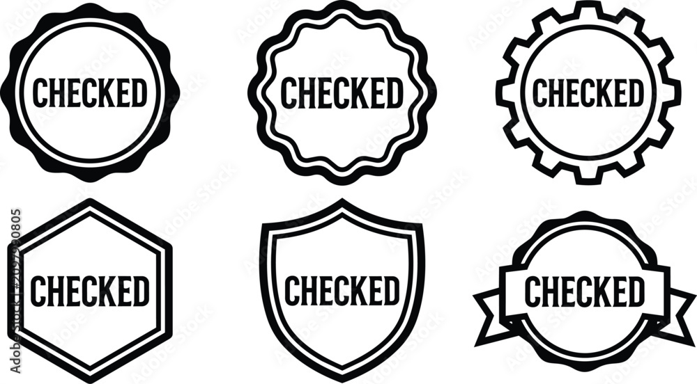 Fototapeta premium Black and white checked badge icons with various shapes and borders vector art
