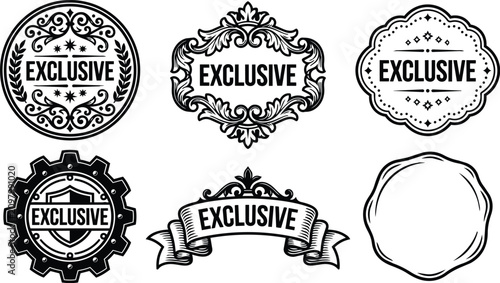 Black exclusive badges with ornamental vintage frames and ribbon banner vector art