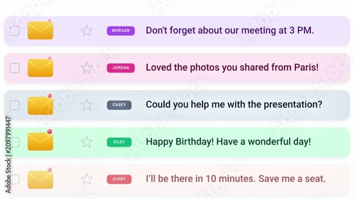 Scrolling through a colorful email inbox interface with new unread message notifications and sender names