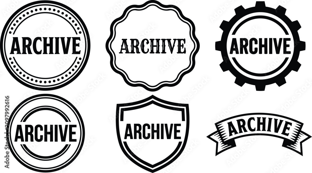 Obraz premium Black archive text with six different badge styles vectors