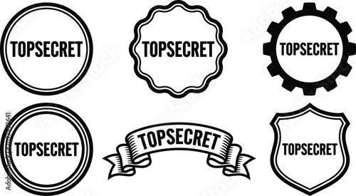 Black and white top secret text badge collection with various border shapes