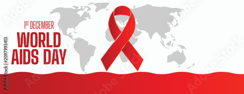 Fotografía World aids day banner with red ribbon over global map background for healthcare