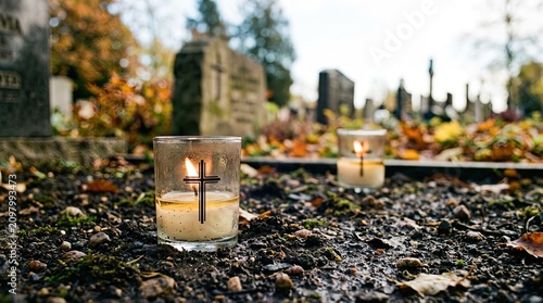 Votive candles with cross emblems burning on the ground in a cemetery during autumn with blurred gravestones and fallen leaves with symbols situated ground two lit votive remembrance reflective