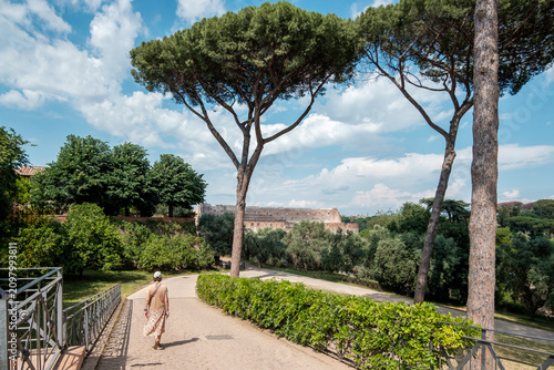 Obraz na plátne Back view of a female tourist walking down a pathway on Palatine Hill lined with