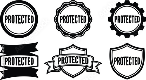 Obraz na plátně Black and white protected badges with circular shield and gear shapes vector art
