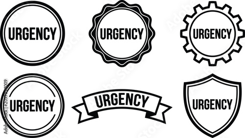 Black and white urgency circle badges vector art with varied outlines and banner