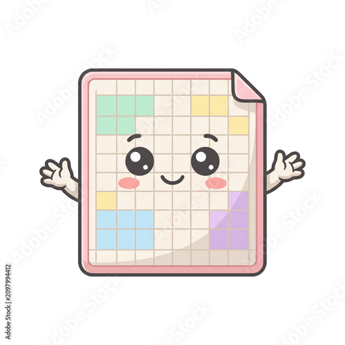 Cute Spreadsheet Character: A charming and friendly spreadsheet character, designed in a kawaii style, spreads its arms wide with a cheerful smile, inviting engagement.
