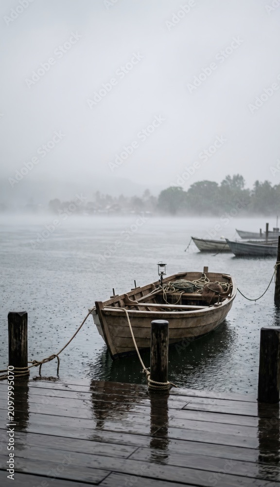 Fototapeta premium Wooden boat moored at dock during rainy season