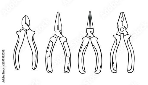Fotografie Construction pliers, simple black and white doodle icon in sketch style