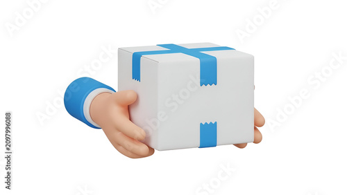 Cartoon hand holding a white square cardboard delivery box with blue tape stripes presented as a 3d icon on white background
