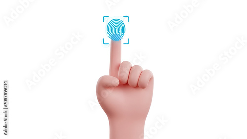 Human hand finger touching a glowing blue digital fingerprint scanner icon for secure biometric identity verification on white background