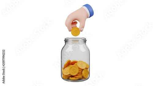 Stylized 3d cartoon hand putting a shiny golden dollar coin into a clear glass jar savings container on white background