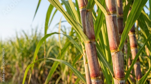 Mature sugarcane stalks close up, Green cane texture, Selective focus crop detail, Agriculture background, Natural farming visual