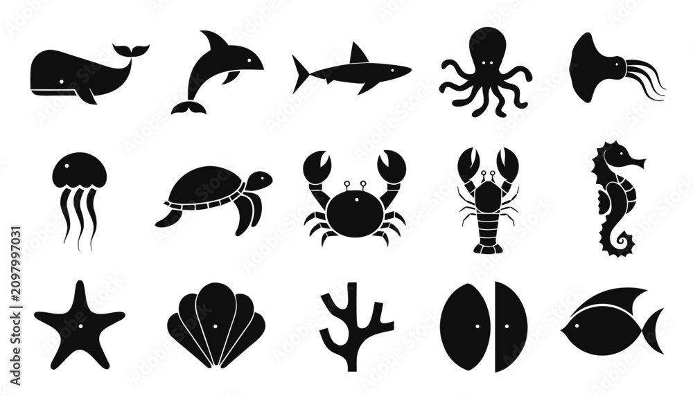 Obraz premium Sea animals vector icon set in simple style, ideal for marine life themes, oceanography, or environmental awareness