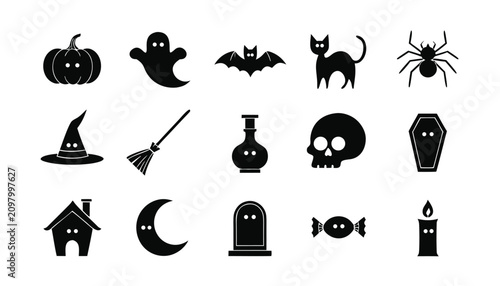 Spooky halloween silhouette icons set with various festive shapes and characters
