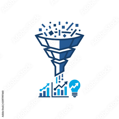 A blue funnel icon representing data processing and business analysis