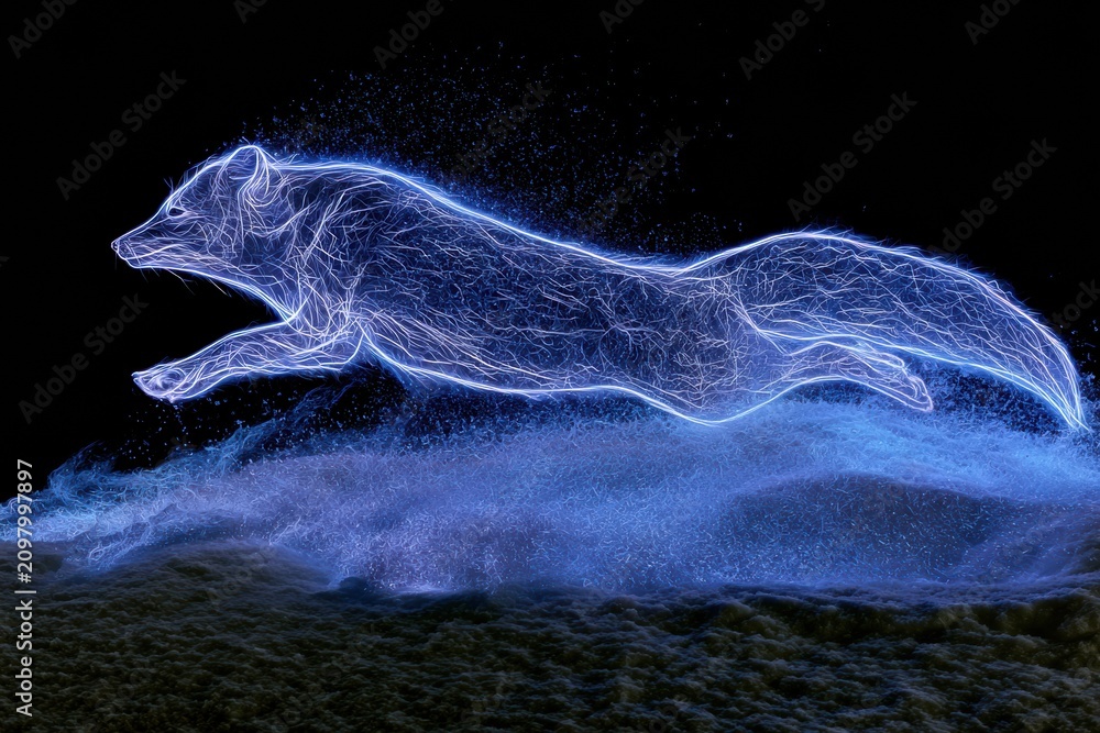 Fototapeta premium Arctic fox jumps through deep snow with a neon glow, creating a vivid scene of energy and motion against a dark backdrop.