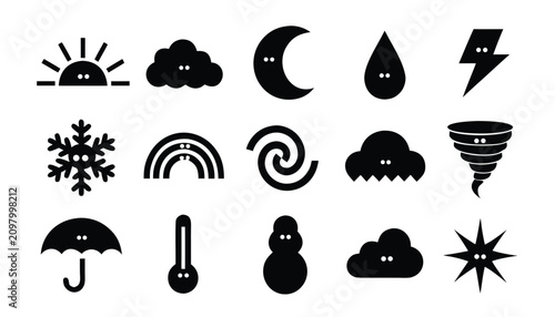 Photos Weather icon set featuring minimalist silhouettes of natural phenomena and clima