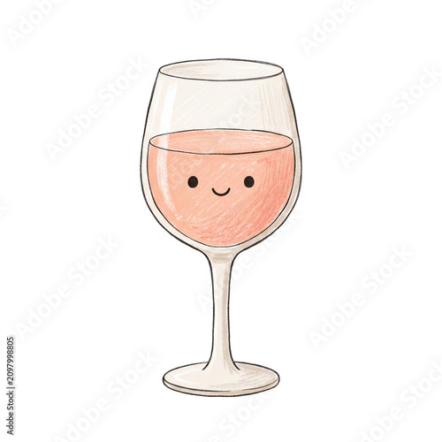 Cute Rosé Wine Glass with Happy Face: A charming, hand-drawn illustration of a rosé wine glass filled with pink wine, featuring a cheerful, kawaii-style smiley face on the surface of the liquid.