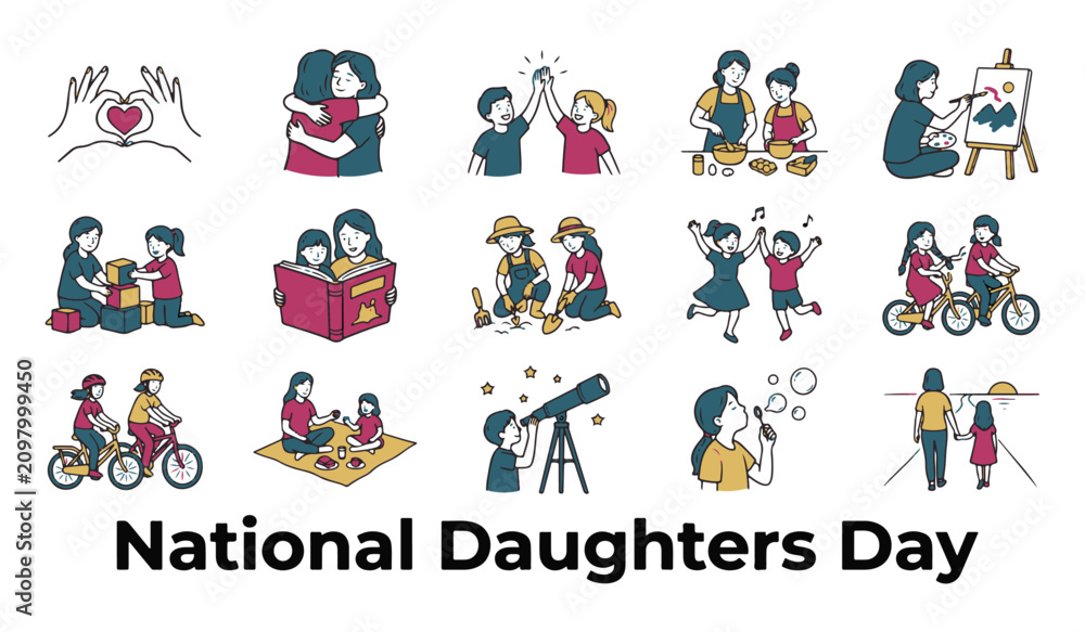 Fototapeta premium Set of Hand Drawn Mother and Daughter Activities Illustrations for 'National Daughters Day'