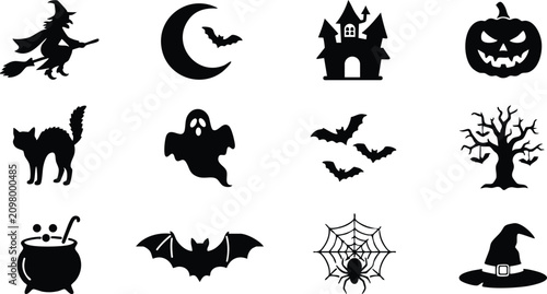 Black halloween silhouette featuring a witch on a broom, crescent moon, haunted house, pumpkin, cat, ghost, bats, tree, cauldron, and web