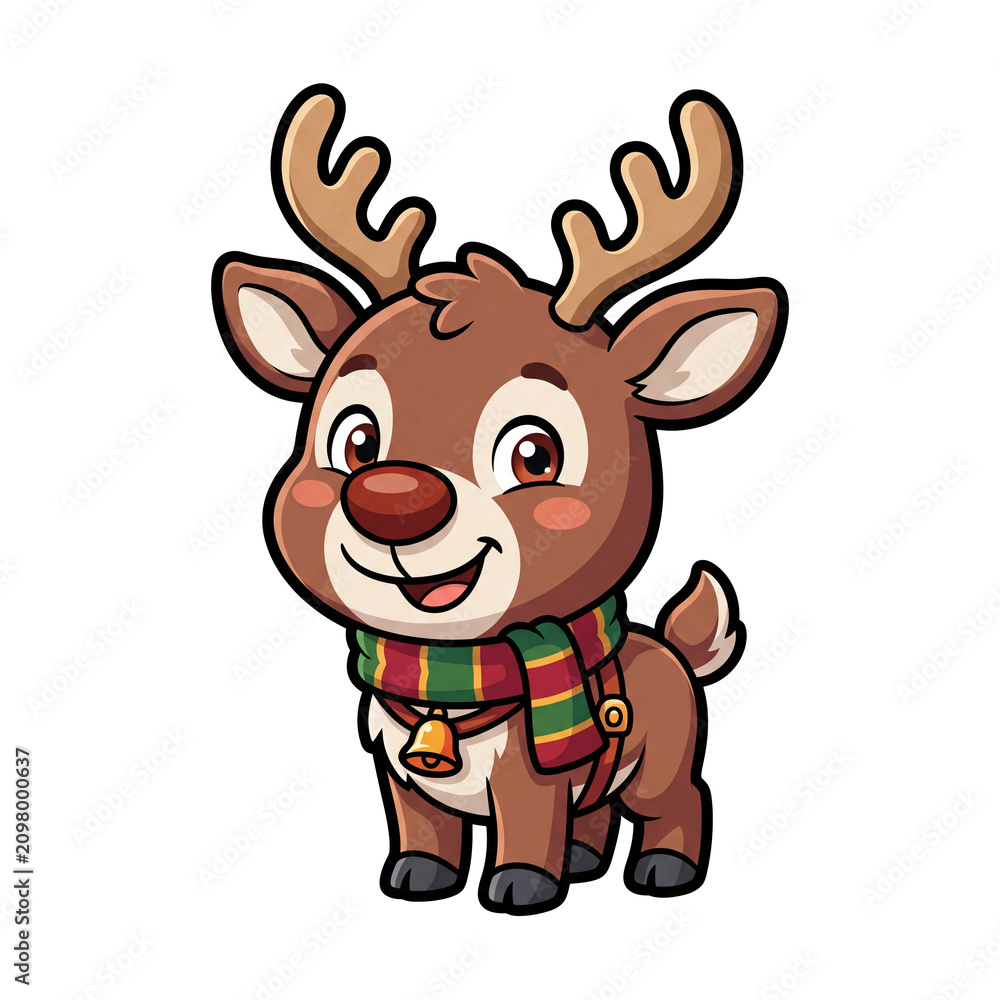 Fototapeta premium Adorable Christmas Reindeer Character: A cute and friendly cartoon reindeer, adorned with a festive scarf and bell, stands proudly with its majestic antlers, radiating holiday cheer and warmth.
